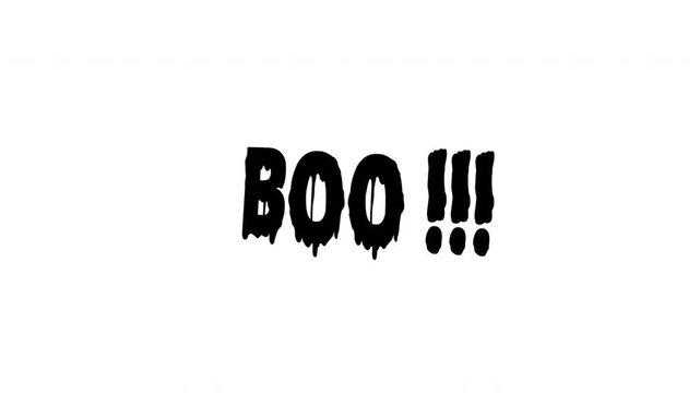 Animated dripping black boo text shaking on white background