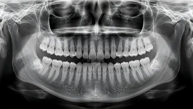Healthy Human Panoramic Dental X-Ray (Orthopantomogram) with Normal Teeth, Mandible, Maxilla and Oral Anatomy, Diagnostic Radiology Image