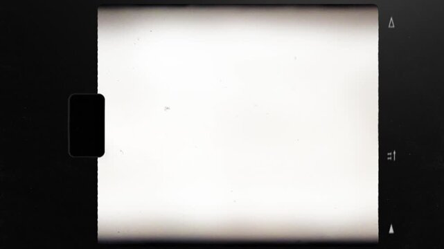 Super 8 film frame overlay with sprocket notch and light leak. Prominent sprocket notch on the left, warm, vertical scratches, and flickering dust.