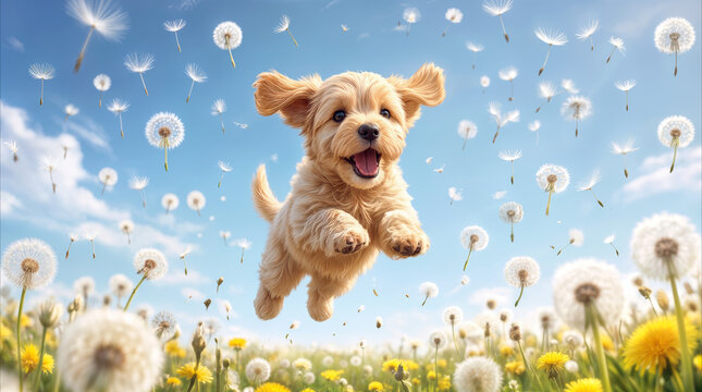 Playful puppy jumping through field of dandelions with seeds floating in the air. Young dog enjoying spring day in sunny meadow.