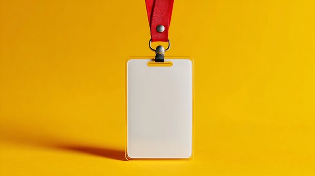 Blank white ID card holder with red lanyard hanging vertically on a yellow background