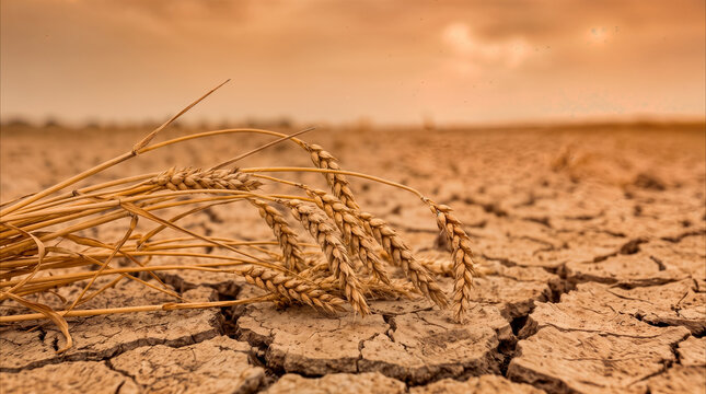 Dried wheat stalks lying on cracked parched earth. Global food security and agriculture crisis concept.