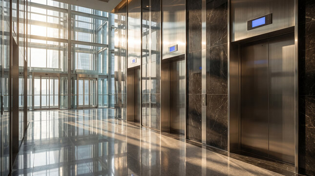 Modern elevator hall in skyscraper with empty ambiance  