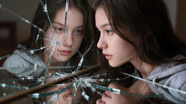 Brunette young woman looking at her reflection in shattered mirror. Concept of identity crisis and mental health awareness.