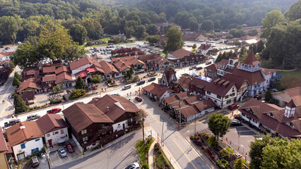 Aerial view of the German theme tourist town of Helen, Geeorgia. on a sunny day. © Wollwerth Imagery