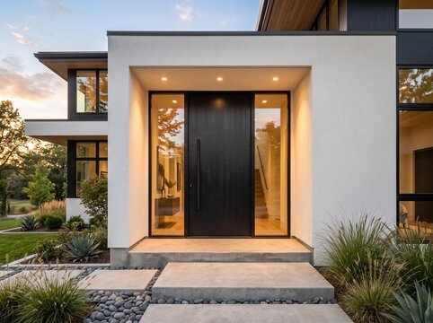A contemporary home featuring a tall matte black steel pivot front door with full-height narrow glass sidelights, smooth white stucco walls, large concrete entrance steps.