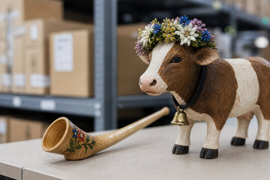 suspenders. Miniature alphorn and carved cow figurine with floral crown, heritage and delivery logistics concept, event programs.