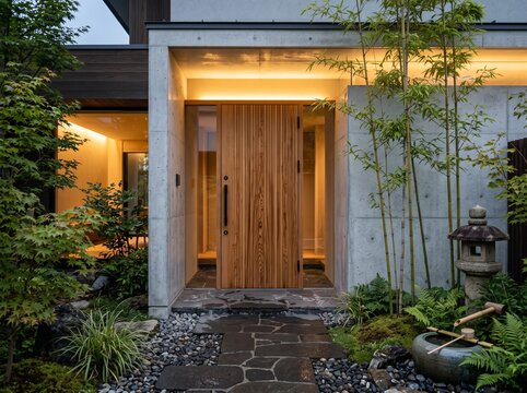 Serene Japanese modern house entrance featuring a vertical cedar wood front door with minimalist black hardware, dark basalt stone pathway, bamboo landscaping, concrete walls, warm lighting.