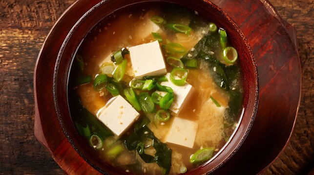 Top view of authentic miso soup with tofu and green onions in a bowl