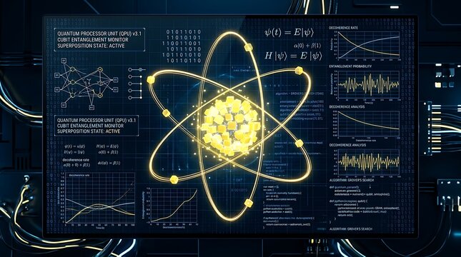 Quantum computing interface showing an atom model with orbiting particles, mathematical formulas, and data analysis graphs on a dark digital screen