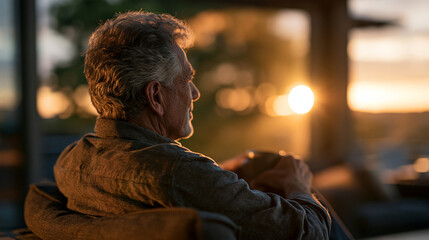 Obraz premium Senior man photographed from behind sitting by a bright window at home in quiet reflection faceless rear view figure in warm daylight senior at home window light quiet