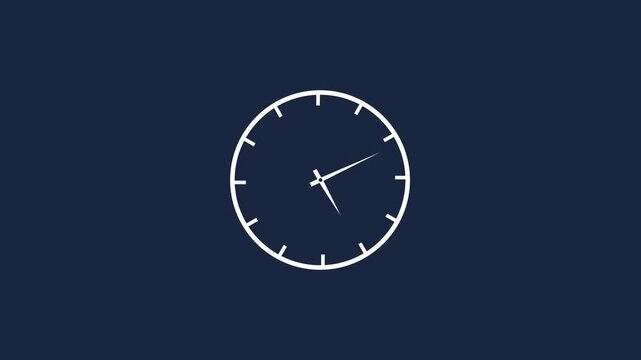 Minimalist white analog clock face animation on a deep navy blue background, featuring rapidly spinning, clock hands representing, the constant passage, of time, deadlines, and efficient productivity