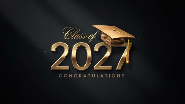 Class of 2027 graduation design with gold metallic typography and a graduation cap on a black background