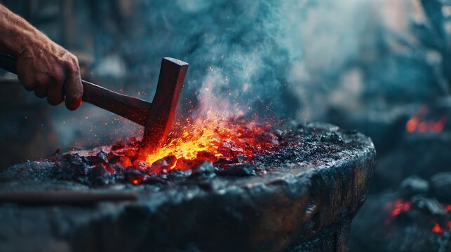 Blacksmith forging glowing hot metal with a hammer on an anvil