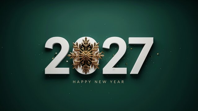 Elegant 2027 new year greeting card design with metallic numbers and a decorative floral center on dark green background