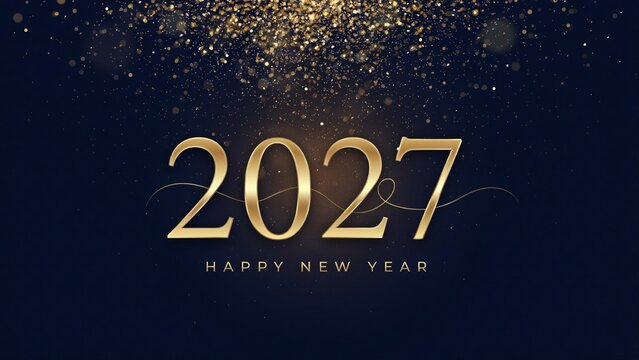 Elegant happy new year 2027 greeting card design with golden numbers and sparkling luxury dark blue background