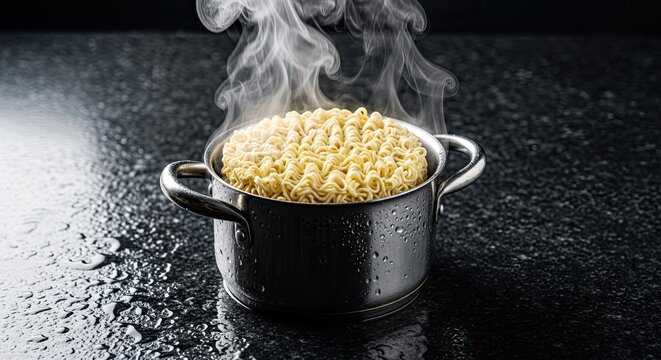 Steaming Instant Ramen Noodles Cooking in Pot on Wet Surface