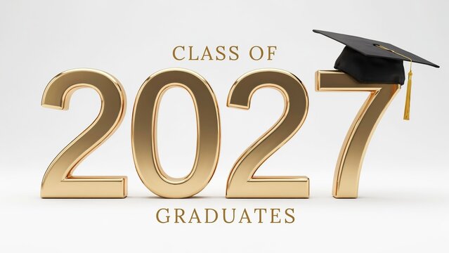 Class of 2027 gold 3d numbers with a black graduation cap on a clean white background