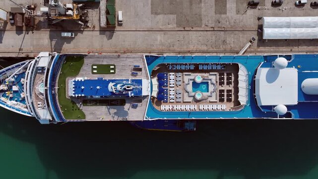 Aerial view luxury ocean cruise ship on clam blue sea, Elegant modern travel lifestyle, Luxury cruise ship liner modern maritime business ocean tourism, Global business cruise ship liner industry.