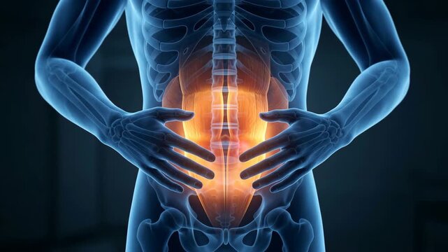 Medical animation of human torso showing glowing abdominal pain