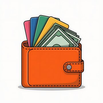 An open orange wallet stuffed with cash and various colorful cards is displayed isolated on a white background