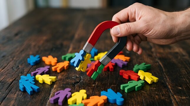 A hand holding a horseshoe magnet attracting colorful plastic toy people figures on a dark wooden table