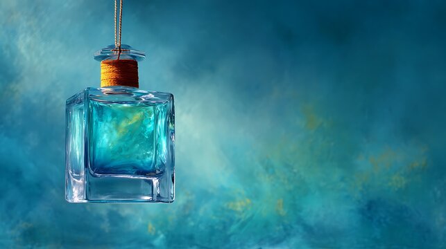 Blue glass square bottle or perfume flask hanging by a thread against a textured blue artistic background.