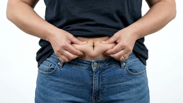 Woman squeezing belly fat and checking stomach while wearing jeans