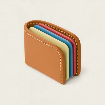 Minimalist brown leather wallet with colorful plastic cards visible inside