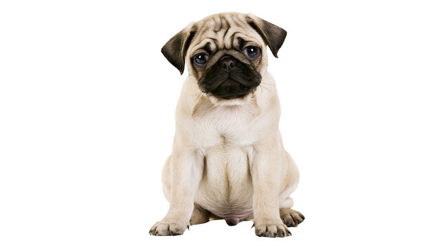 Cute fawn pug puppy sitting attentively, isolated on transparent background