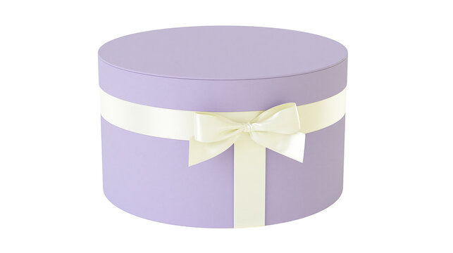 Lavender round gift box with cream ribbon and bow, isolated on transparent background