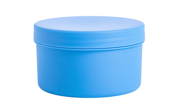 Round blue plastic container with lid, isolated on transparent background