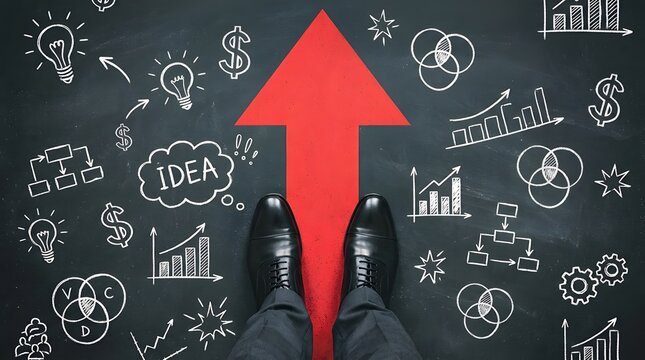 Businessman standing on a large red arrow pointing upwards surrounded by hand drawn business growth icons