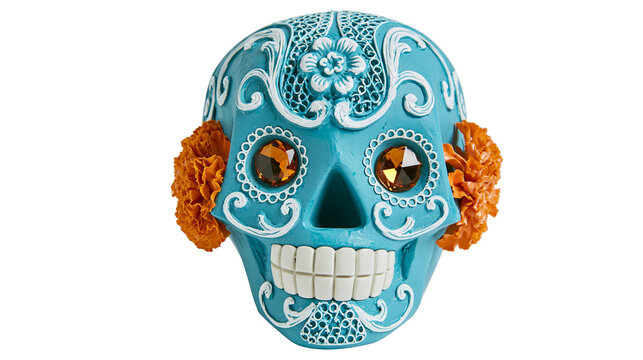 Ornate turquoise sugar skull with orange marigolds and amber gems, isolated on transparent background