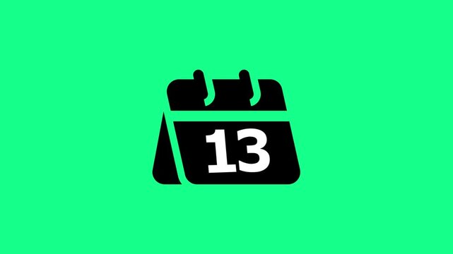 Black calendar with the number thirteen displayed on a vibrant green background for scheduling and date tracking purposes in digital media