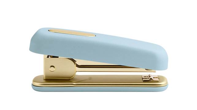 Pastel blue and gold stapler office supply for binding paper, isolated on transparent background