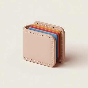 Minimalist beige leather cardholder with colorful plastic cards neatly organized inside