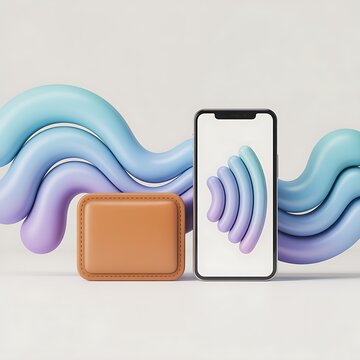 Modern contactless payment technology illustrated with a smartphone and a leather wallet against a background of flowing abstract shapes