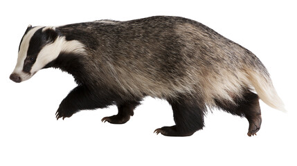 European badger with distinctive black and white striped face, isolated on transparent background © Evans