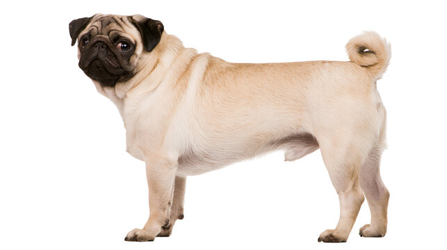 Fawn pug dog standing, isolated on transparent background