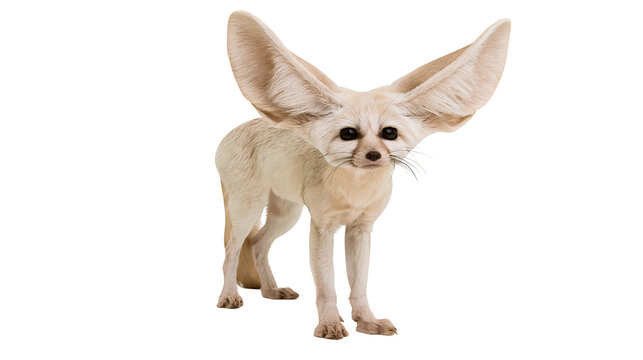 Cute fennec fox with large ears standing and looking forward, isolated on transparent background