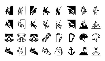 Fototapeta premium Rock Climbing Man Silhouette and Outline Icon Set Vector Collection