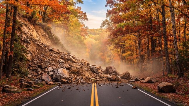 Dangerous landslide blocking mountain road, massive rockfall on asphalt highway, natural disaster in autumn forest, geological hazard and road closure