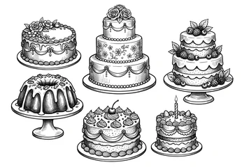 Hand drawn vintage cake set in engraving style isolated on white background © aninna