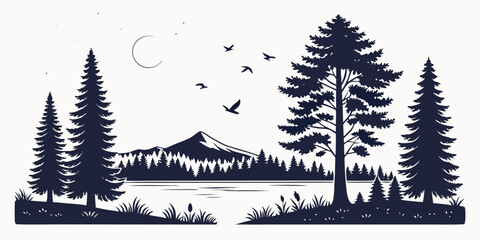 Fototapeta premium Pine trees silhouetted against full moon and starry night sky