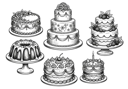Hand drawn vintage cake set in engraving style isolated on white background