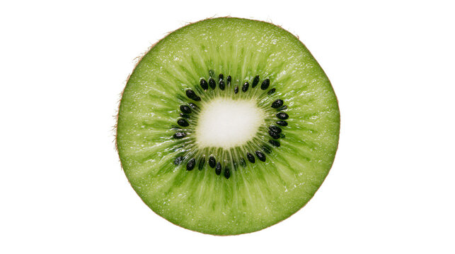 Vibrant green kiwi slice with black seeds and white core, isolated on transparent background