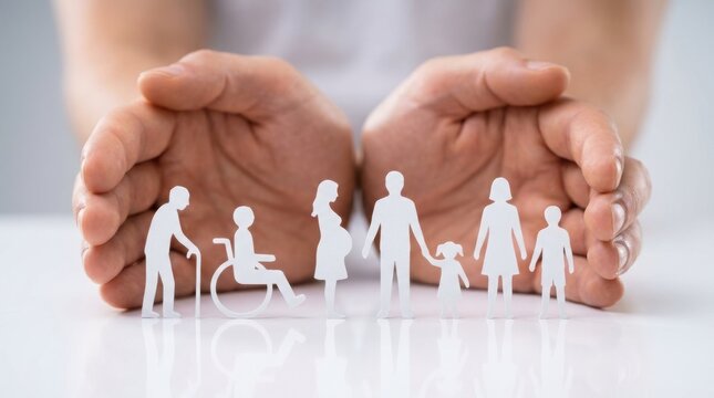 Hands protecting diverse paper people figures. Concept of social welfare and inclusivity.