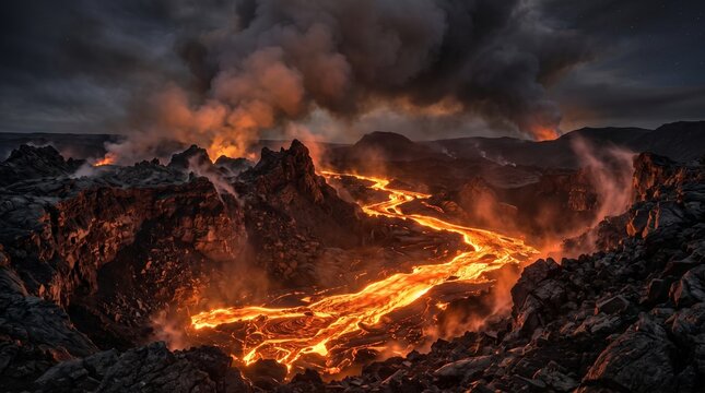 Molten lava flows through jagged volcanic terrain beneath thick dark clouds creating an intense glowing orange light in this landscape