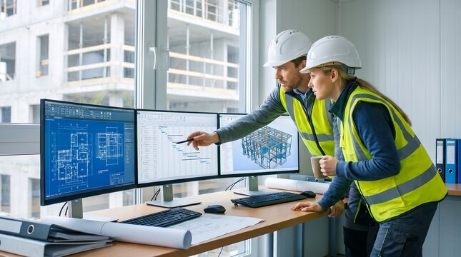 Professional architects reviewing digital blueprints on multiple monitors, construction engineers in hard hats and safety vests, modern office workspace